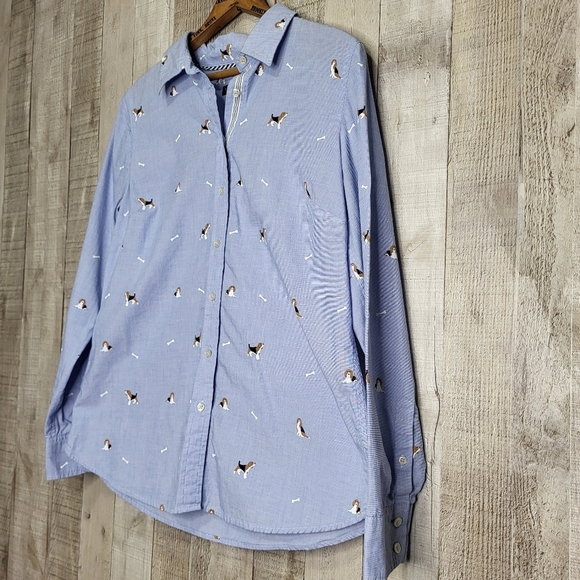 Talbots Light Blue Dog Print Button Up Collared Dress Shirt. Size Small - Picture 4 of 10